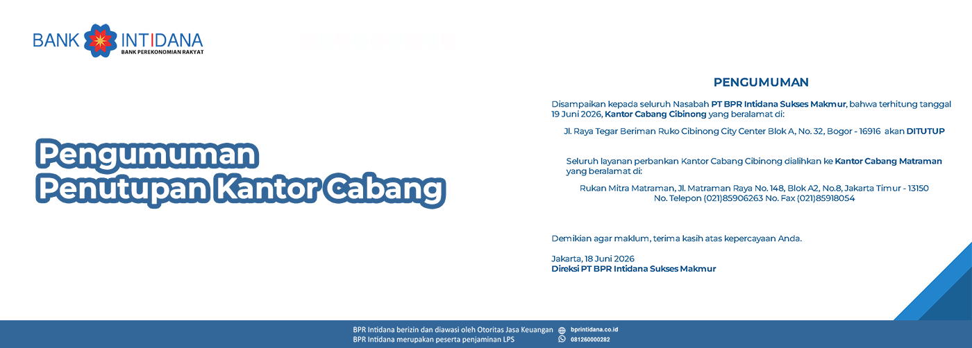 Website BPR Intidana Pengumuman Penutupan KC Cibinong