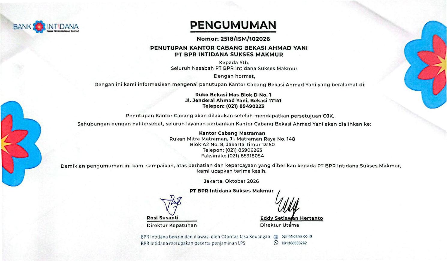 PENGUMUMAN PENUTUPAN KC BEKASI AHMAD YANI SIGNED